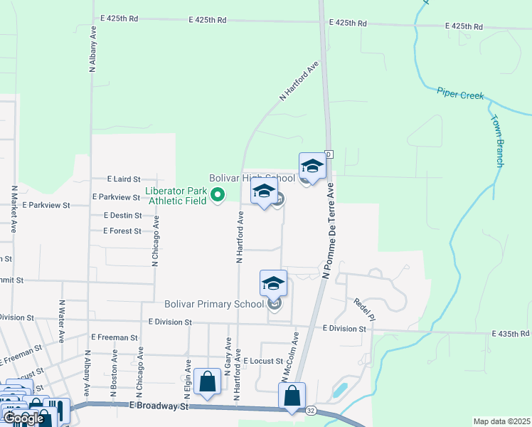 map of restaurants, bars, coffee shops, grocery stores, and more near 1300 North Hartford Avenue in Bolivar