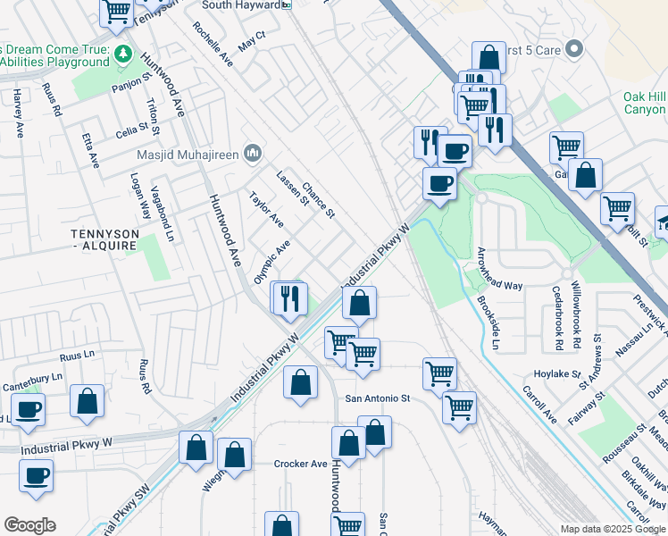 map of restaurants, bars, coffee shops, grocery stores, and more near 29822 Taylor Avenue in Hayward