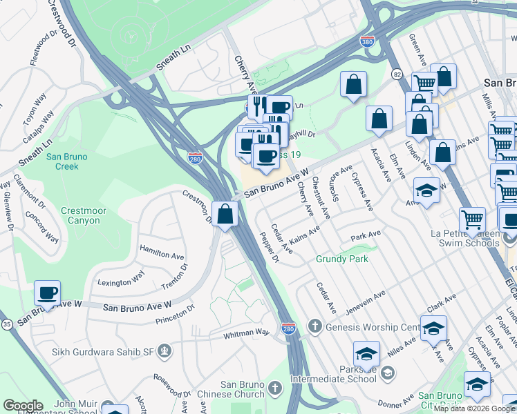 map of restaurants, bars, coffee shops, grocery stores, and more near 1841 Cedarwood Court in San Bruno