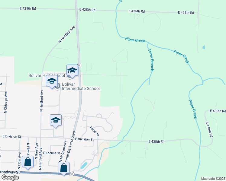 map of restaurants, bars, coffee shops, grocery stores, and more near 1348 East 430th Road in Bolivar