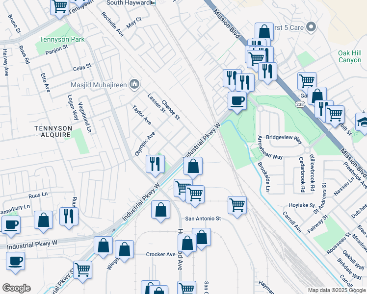 map of restaurants, bars, coffee shops, grocery stores, and more near 29865 Baltic Court in Hayward