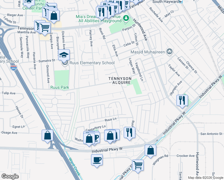 map of restaurants, bars, coffee shops, grocery stores, and more near 1091 Thiel Rd in Hayward