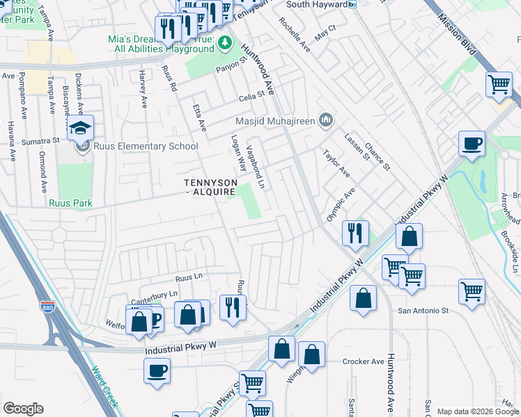 map of restaurants, bars, coffee shops, grocery stores, and more near 29265 Vagabond Lane in Hayward