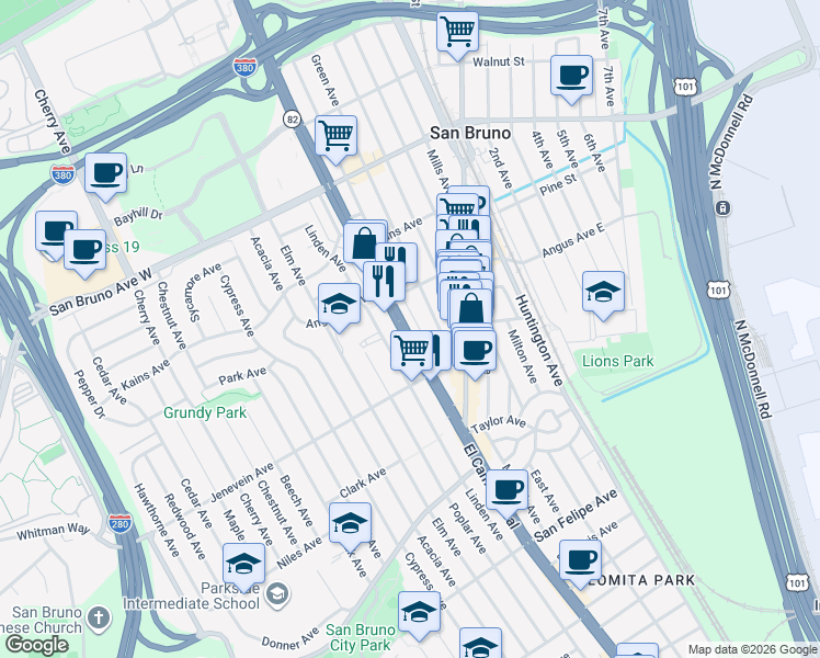 map of restaurants, bars, coffee shops, grocery stores, and more near 560 El Camino Real in San Bruno