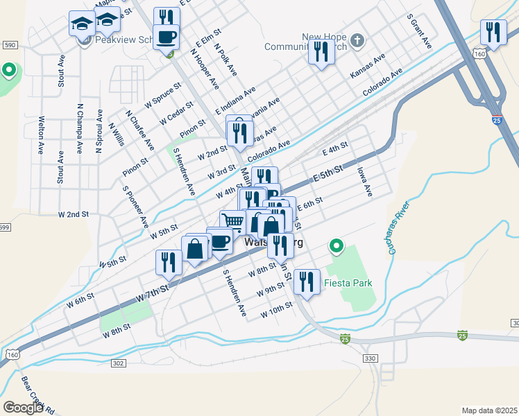 map of restaurants, bars, coffee shops, grocery stores, and more near 516 Main Street in Walsenburg
