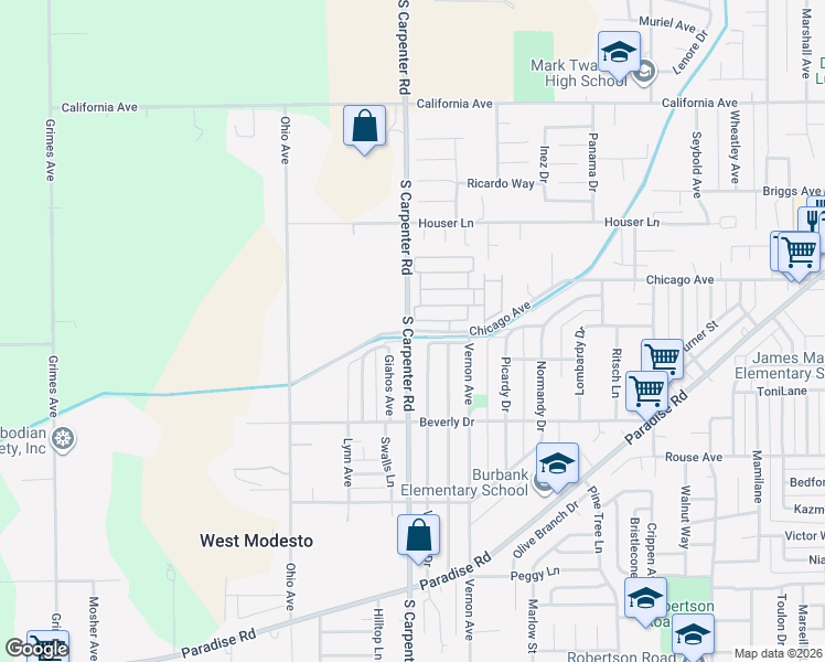 map of restaurants, bars, coffee shops, grocery stores, and more near 1627 Chicago Avenue in Modesto