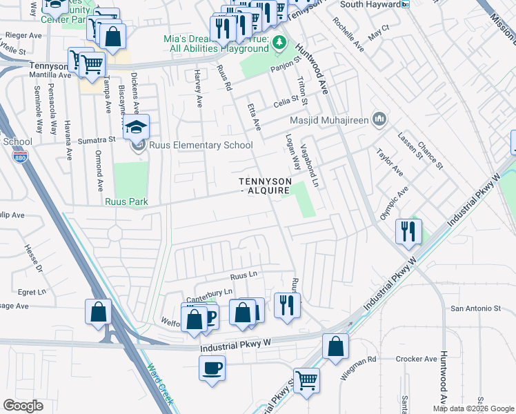 map of restaurants, bars, coffee shops, grocery stores, and more near 1091 Thiel Road in Hayward