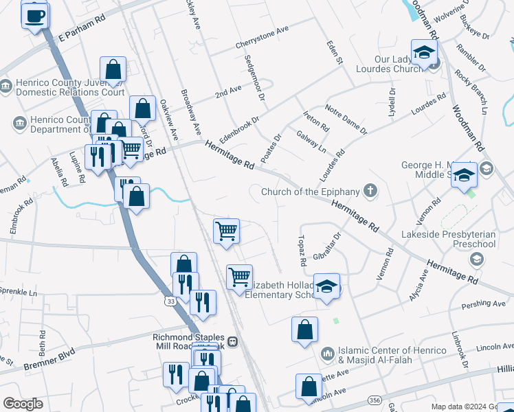 map of restaurants, bars, coffee shops, grocery stores, and more near 10207 Wolfe Manor Court in Glen Allen