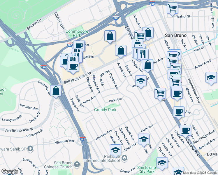 map of restaurants, bars, coffee shops, grocery stores, and more near 701 Olive Court in San Bruno