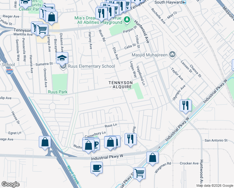 map of restaurants, bars, coffee shops, grocery stores, and more near 1091 Thiel Road in Hayward