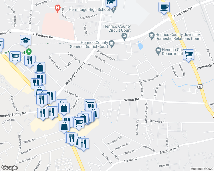 map of restaurants, bars, coffee shops, grocery stores, and more near 7400 Willow Crossing Terrace in Richmond
