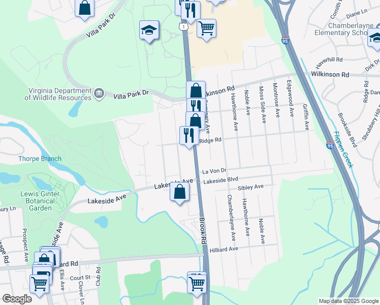 map of restaurants, bars, coffee shops, grocery stores, and more near 7424 Brook Road in Richmond
