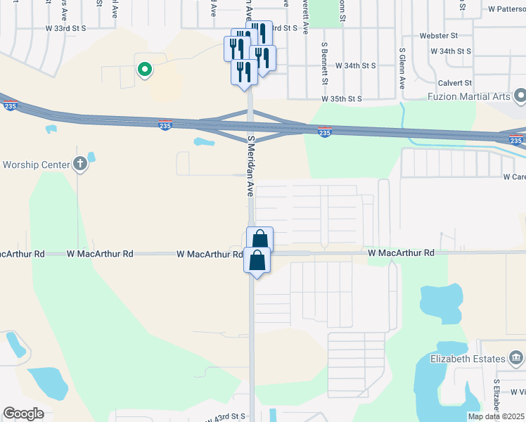 map of restaurants, bars, coffee shops, grocery stores, and more near 3850 South Meridian Avenue in Wichita