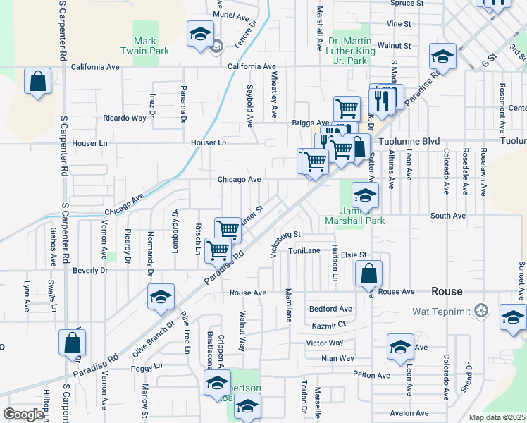 map of restaurants, bars, coffee shops, grocery stores, and more near 720 Turner Street in Modesto