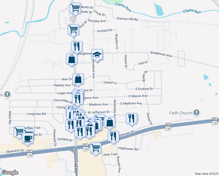 map of restaurants, bars, coffee shops, grocery stores, and more near 183 Erskine Drive in Danville