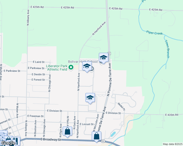 map of restaurants, bars, coffee shops, grocery stores, and more near 1300 North Hartford Avenue in Bolivar