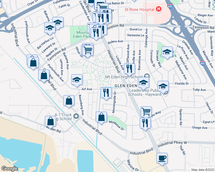 map of restaurants, bars, coffee shops, grocery stores, and more near 2489 Arf Avenue in Hayward