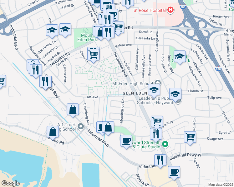 map of restaurants, bars, coffee shops, grocery stores, and more near 2489 Arf Avenue in Hayward