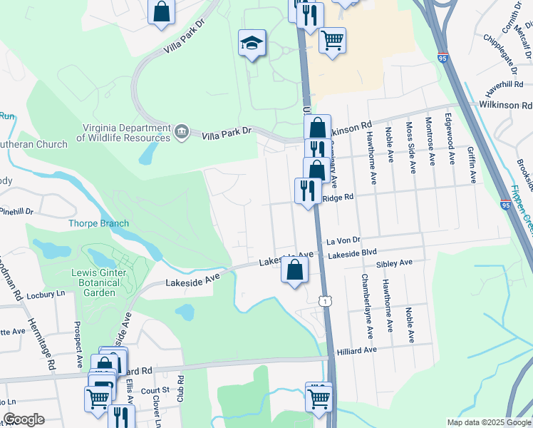 map of restaurants, bars, coffee shops, grocery stores, and more near 7428 Landsworth Avenue in Richmond
