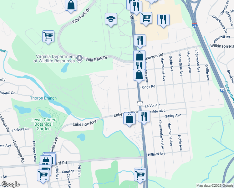 map of restaurants, bars, coffee shops, grocery stores, and more near 7428 Landsworth Avenue in Richmond