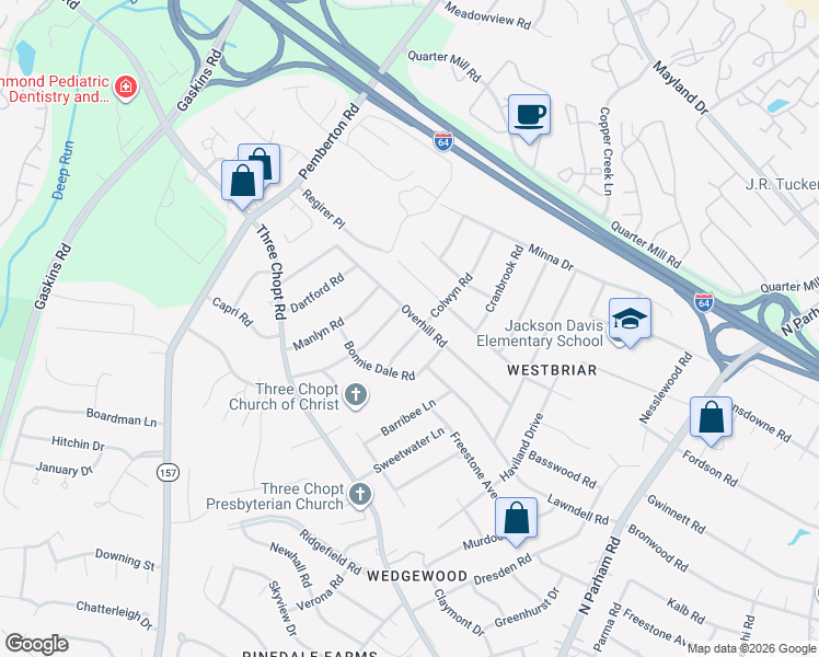 map of restaurants, bars, coffee shops, grocery stores, and more near 2212 Colwyn Road in Richmond