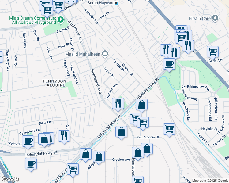 map of restaurants, bars, coffee shops, grocery stores, and more near 29438 Holyoke Avenue in Hayward