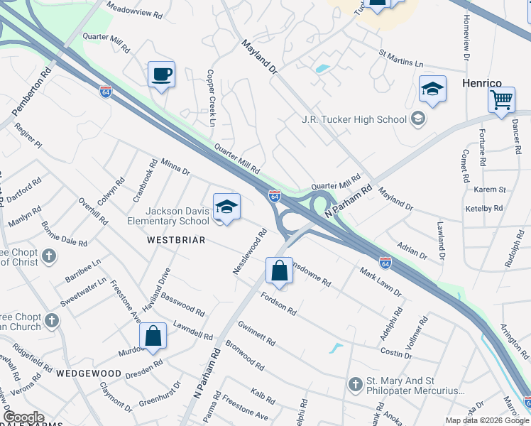 map of restaurants, bars, coffee shops, grocery stores, and more near 8801 Minna Drive in Henrico