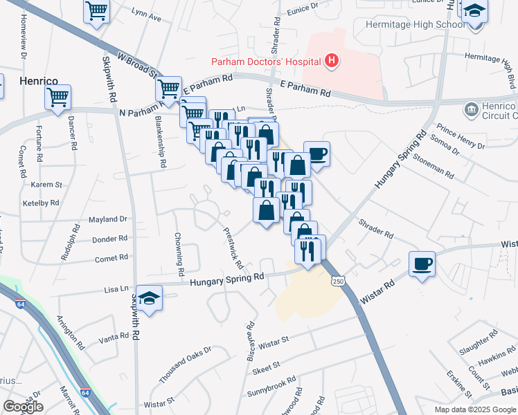 map of restaurants, bars, coffee shops, grocery stores, and more near 2704 Enterprise Parkway in Richmond