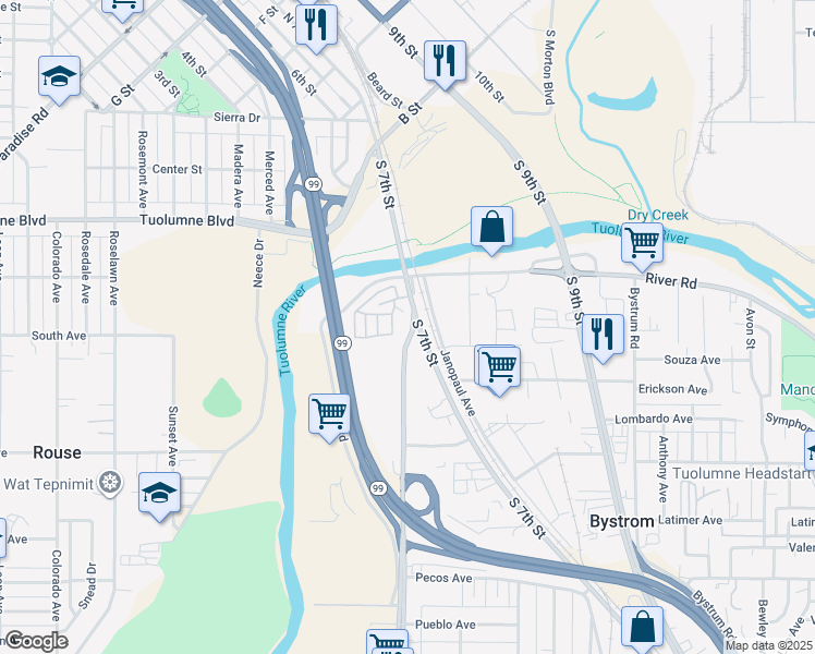 map of restaurants, bars, coffee shops, grocery stores, and more near 513 Crows Landing Road in Modesto