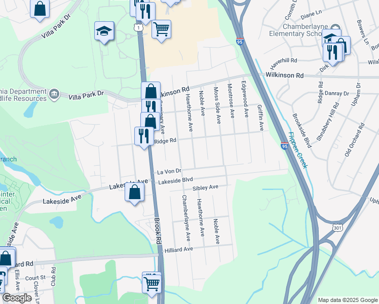 map of restaurants, bars, coffee shops, grocery stores, and more near 7418 Hawthorne Avenue in Richmond
