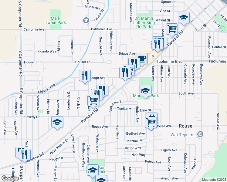 map of restaurants, bars, coffee shops, grocery stores, and more near 705 Paradise Road in Modesto