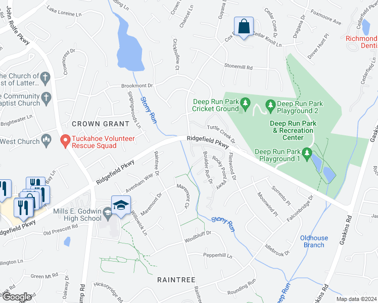 map of restaurants, bars, coffee shops, grocery stores, and more near 2008 Rocky Creek Lane in Henrico
