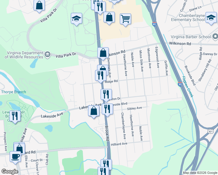 map of restaurants, bars, coffee shops, grocery stores, and more near 7418 Seminary Ave in Richmond