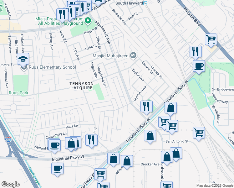 map of restaurants, bars, coffee shops, grocery stores, and more near 29257 Harpoon Way in Hayward