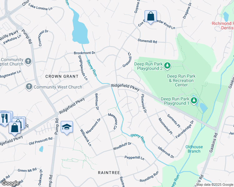map of restaurants, bars, coffee shops, grocery stores, and more near 2008 Rocky Creek Lane in Richmond