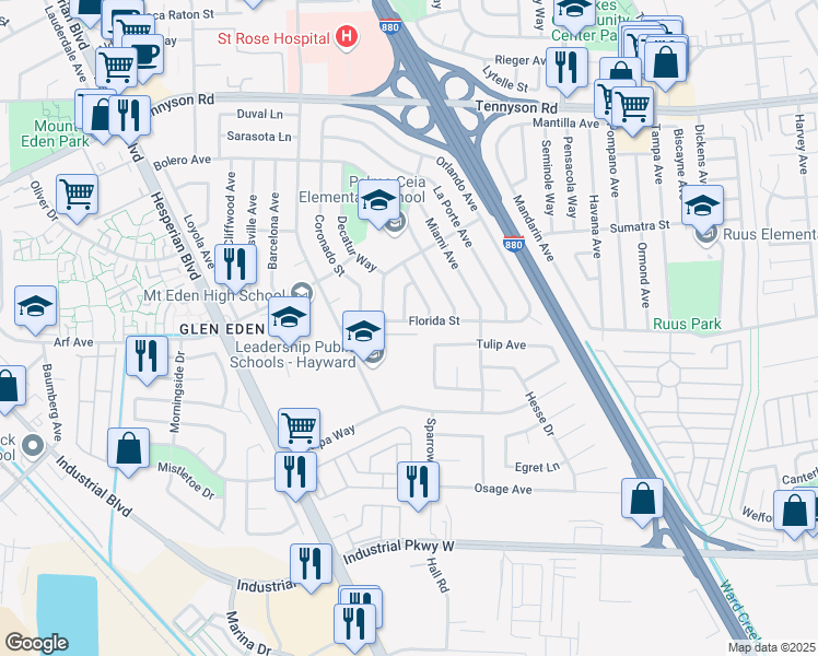 map of restaurants, bars, coffee shops, grocery stores, and more near 2030 Florida Street in Hayward