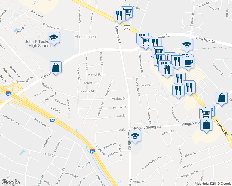 map of restaurants, bars, coffee shops, grocery stores, and more near 7515 Natalie Court in Richmond