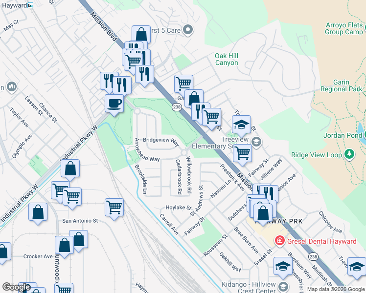 map of restaurants, bars, coffee shops, grocery stores, and more near 30198 Bridgeview Way in Hayward