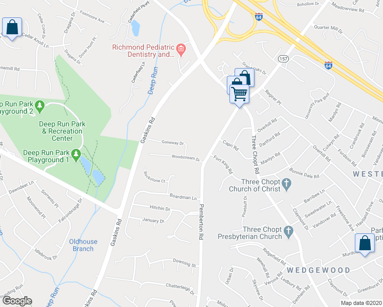map of restaurants, bars, coffee shops, grocery stores, and more near 9606 Woodstream Drive in Richmond