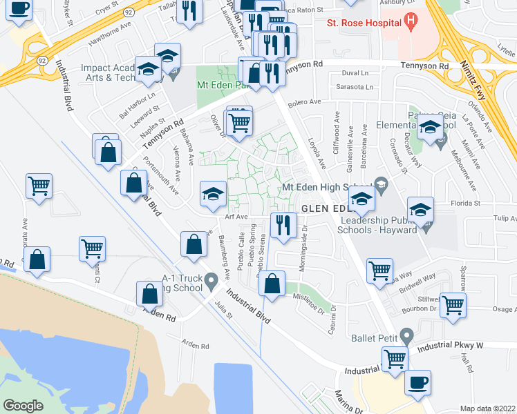 map of restaurants, bars, coffee shops, grocery stores, and more near 27864 Hummingbird Court in Hayward