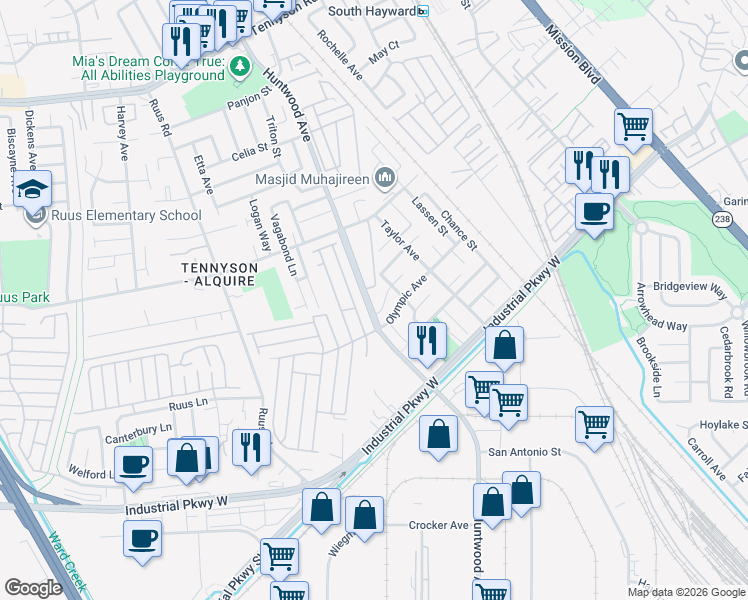 map of restaurants, bars, coffee shops, grocery stores, and more near 159 Huntwood Avenue in Hayward