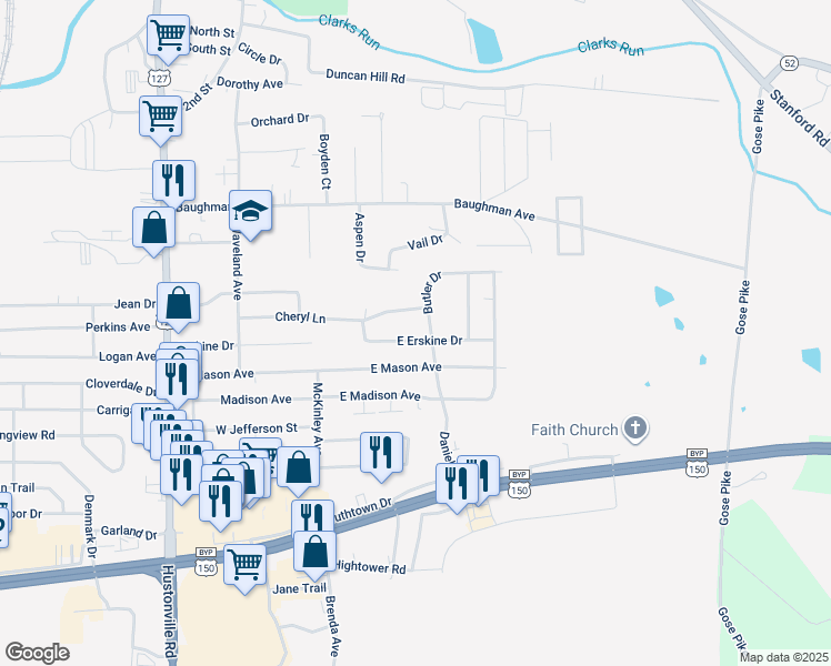map of restaurants, bars, coffee shops, grocery stores, and more near 153 East Erskine Drive in Danville