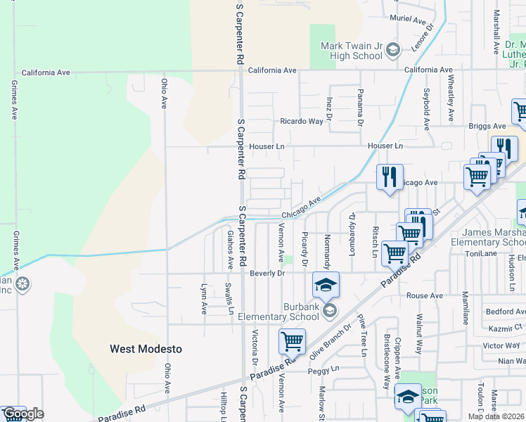 map of restaurants, bars, coffee shops, grocery stores, and more near 1200 South Carpenter Road in Modesto