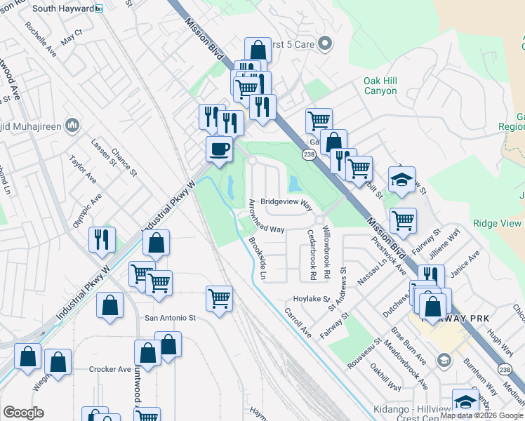 map of restaurants, bars, coffee shops, grocery stores, and more near 288 Arrowhead Way in Hayward