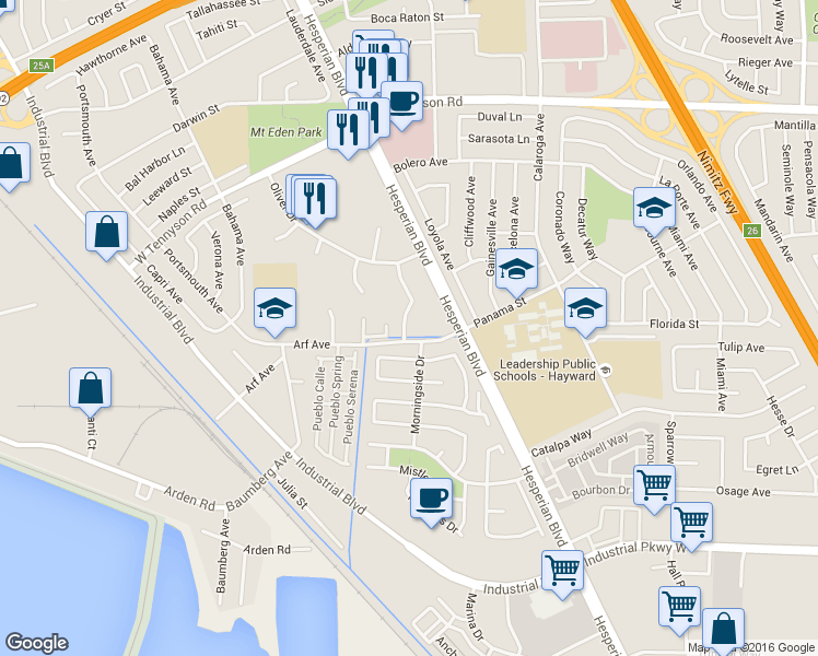 map of restaurants, bars, coffee shops, grocery stores, and more near 2489 Arf Avenue in Hayward