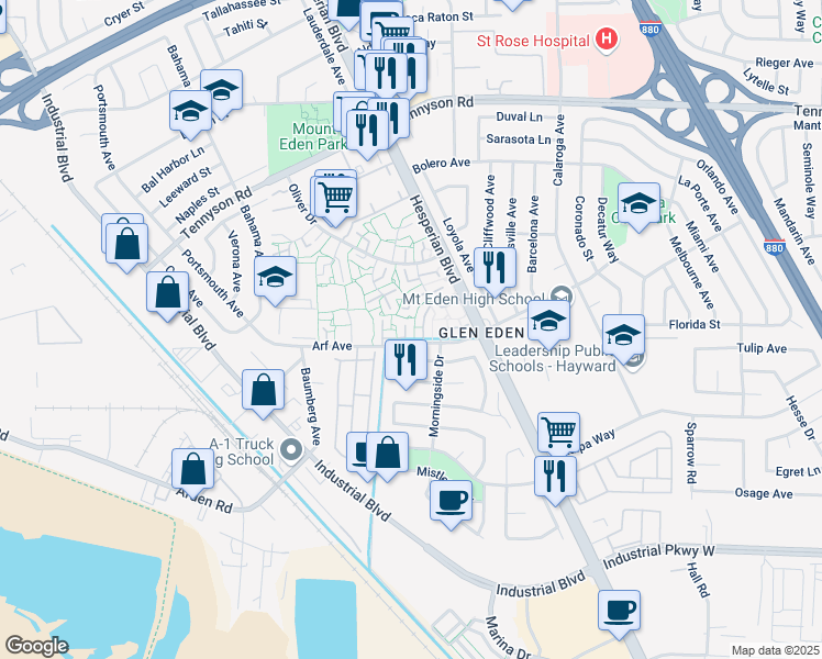 map of restaurants, bars, coffee shops, grocery stores, and more near 2489 Arf Avenue in Hayward