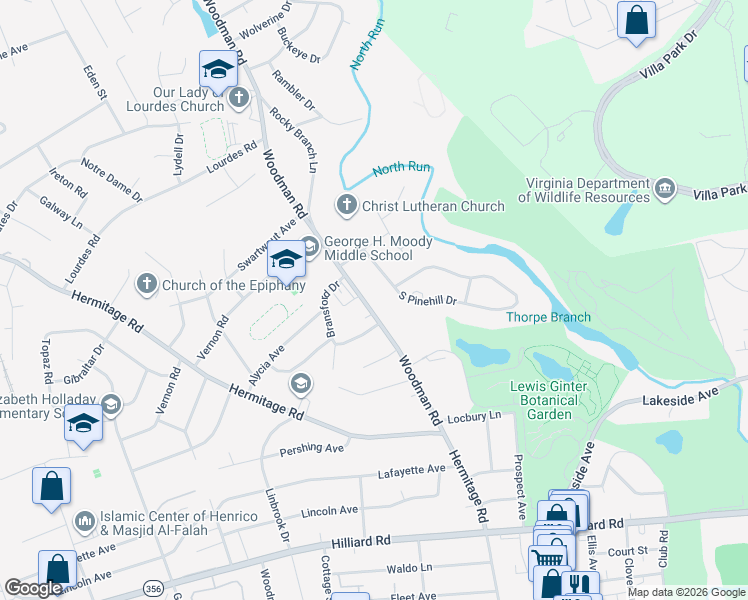 map of restaurants, bars, coffee shops, grocery stores, and more near 7615 Woodman Road in Henrico
