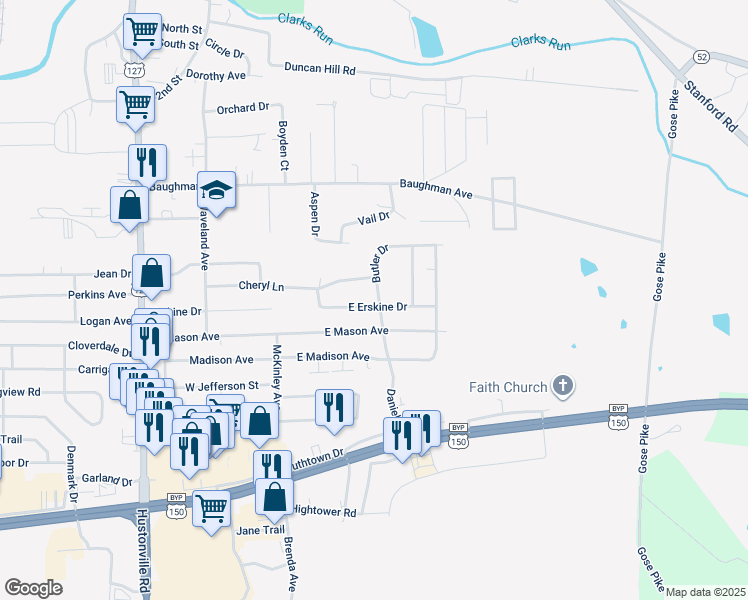 map of restaurants, bars, coffee shops, grocery stores, and more near 153 East Erskine Drive in Danville