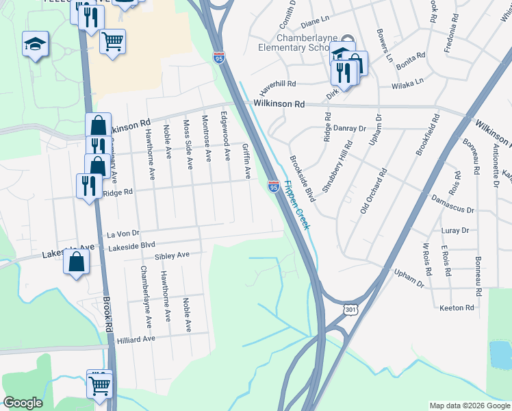 map of restaurants, bars, coffee shops, grocery stores, and more near 7409 Griffin Avenue in Richmond