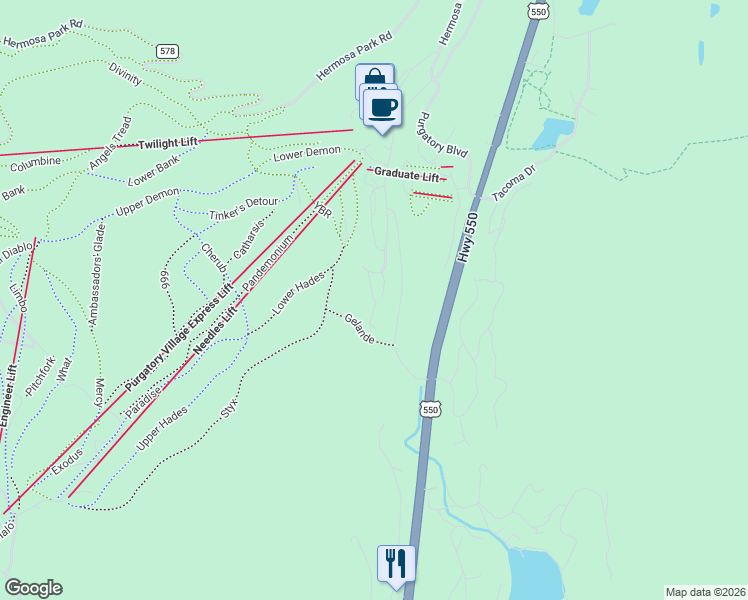 map of restaurants, bars, coffee shops, grocery stores, and more near Double Diamond Drive in La Plata County